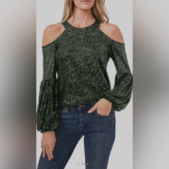 NWOT Blanches Sequin Top Long Sleeve Crew Tunic open shoulder Top - Picture 4 of 13